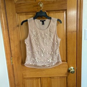 Tank Top with floral embroidered mesh overlay, lightly worn, tan, size small